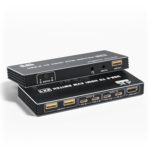 USB C HDMI KVM Switch 4K 60Hz, Bolaazul 2x1 Typ C KVM Switch Umschalter 2 In 1 Out für 2 Computer 1 HDMI Monitor, 1 Maus und Tastatur teilen -2 USB Video Kabel enthalten von BolAAzuL