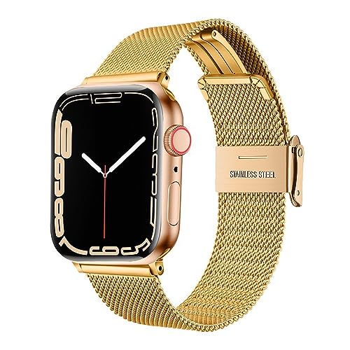 BolYel Edelstahl Armband Kompatibel mit Apple Watch Armband 45 44 42mm, Mesh Metall Ersatzarmband mit Einstellbar Schnalle für iWatch 7/6/5/4/3/2/1 SE für Damen/Herren,Gold von BolYel