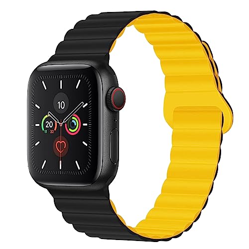 BolYel Kompatibel mit Apple Watch Armband 45mm 44mm 42mm, Silikon Magnetische Loop Band Kompatibel für Apple Watch Serie 8 7 SE 6 5 4 3 2 1,Schwarz Gelb von BolYel