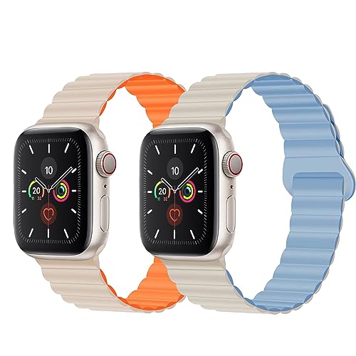 BolYel Kompatibel mit Apple Watch Armband 45mm 44mm 42mm, Silikon Magnetische Loop Band Kompatibel für Apple Watch Serie 8 7 SE 6 5 4 3 2 1,Weiß Orange,Weiß Blau von BolYel