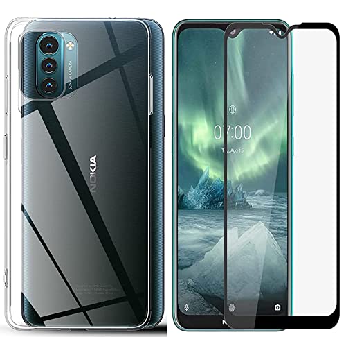 Boleyi Nokia G21 Hülle + [1 Stück] Schutzfolie, Nokia G21 Durchsichtig Case Transparent Silikon TPU Schutzhülle 9H Härte Displayschutz Glas für Nokia G21 von Boleyi