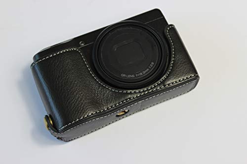 Ricoh GR III Hülle, BolinUS Handgemachte Echtleder Halbkamera Tasche Cover für Ricoh GR III Untere Öffnung Version + Handschlaufe (Schwarz) von BolinUS