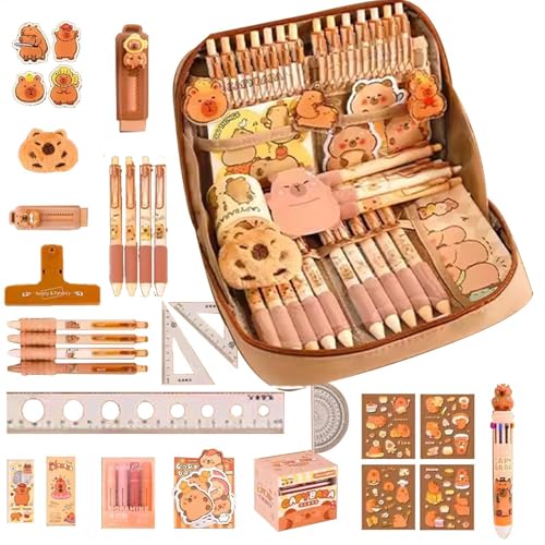 Bollisate 51 Stück Capybara Schreibwaren Set, 12 Lagiges Süßes Federmäppchen, Inklusive Capybara-Schlüsselanhänger, Aufklebern, Stiften Und Haftnotizen, Großes Federmäppchen Set Für Kinder Und Schüler von Bollisate