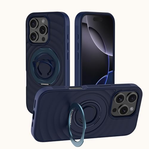 3 in 1 Magnetische Silikonhülle für iPhone 16 Pro 6.3'' Weicher 360° Silikonringhalter und Magnetischer Standgriff Kompatibel mit MagSafe,Stoßfestes Design Schutzhülle (Dunkelblau, iPhone 16 pro) von Bolvunes