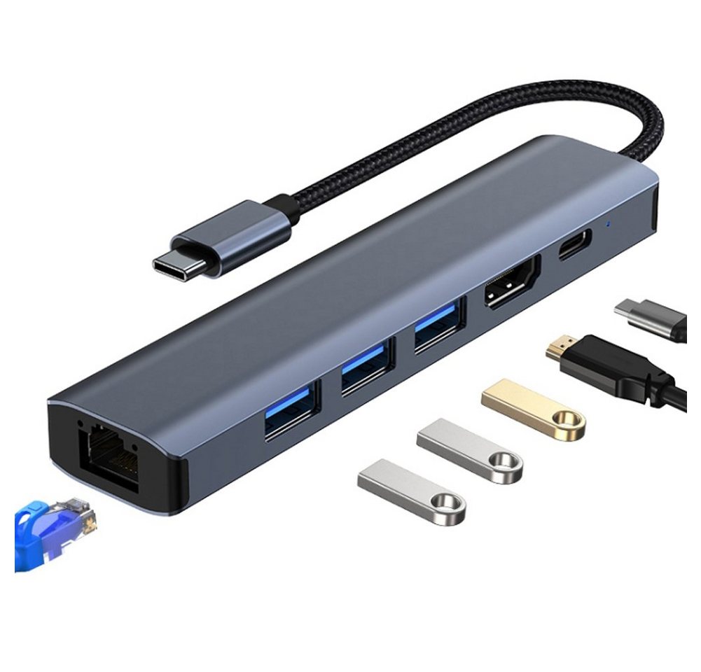 Bolwins H32C 6in1 Adapter USB Typ-C zu Hub 3x USB 3.0, USB-C mit PD, HDMI RJ45 Computer-Adapter von Bolwins