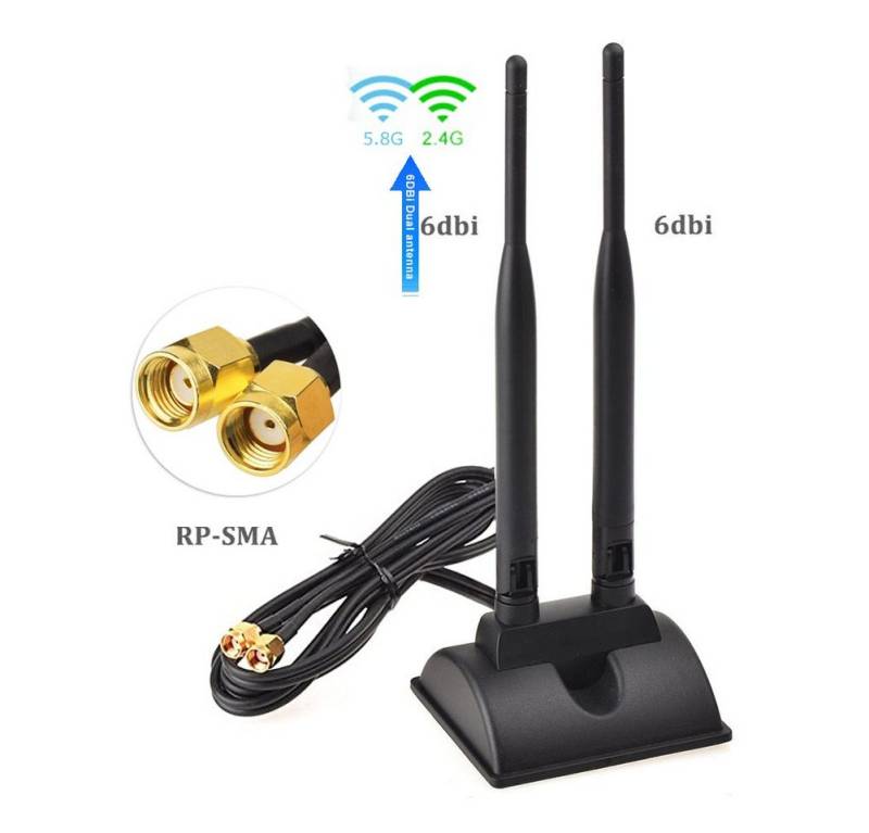Bolwins L44C 3m WiFi Antenne 2.4G 5.8G 2x 6dBi RP-SMA Adapter Kabel Standfuss WLAN-Antenne von Bolwins