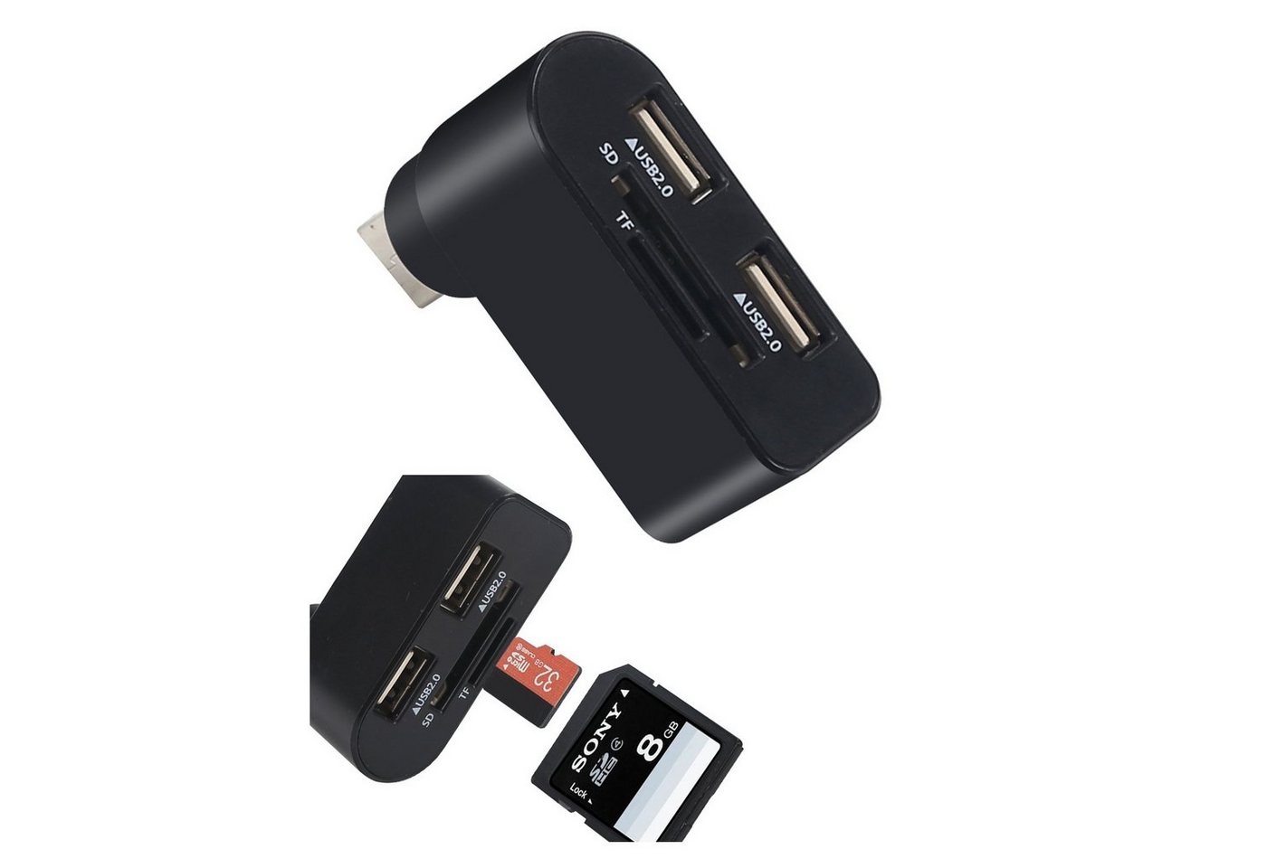 Bolwins Speicherkartenleser F89C USB 2.0 Hub 2x Port Verteiler micro SD, SD Kartenleser Adapter von Bolwins