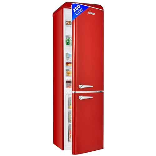 Bomann® Retro Kühl-Gefrier-Kombination mit 250 L Nutzinhalt | Kühlen: 186 L und Gefrieren: 64 L | Kühlschrank mit LED-Beleuchtung | Fridge mit stufenloser Temperaturregelung | KGR 7328.1 rot von Bomann