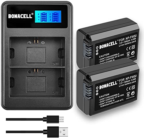 Bonacell Ersatz akku NP-FW50 Akku mit LCD Dual Ladegerät Kompatibel mit Sony Alpha a3000, a6300, a6000, DSC-RX10 IV, a7s, a7, a7s ii, a7r ii, a5100, a5000, a7r, a7 ii etc Kamera Akku von Bonacell