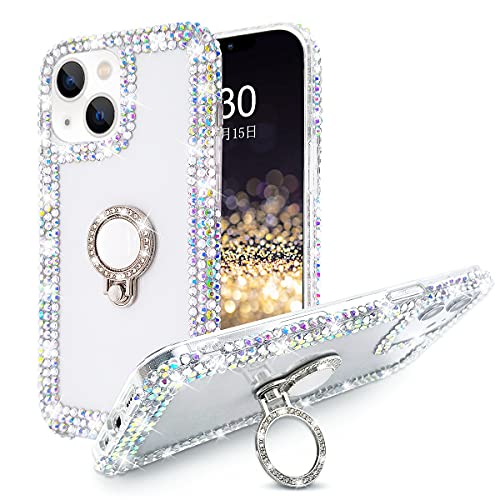 Bonitec Kompatibel mit iPhone 13 Mini Hülle, 3D Glitzer Sparkle Bling Case Metall Finger Ring Halterung Ständer Luxus Glänzend Kristall Strass Diamant Klar Schutzhülle Bumper Case Cover für Frauen von Bonitec