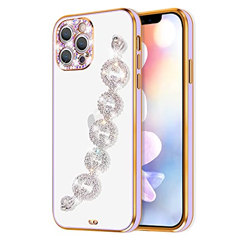 Bonitec Kompatibel mit iPhone 13 Pro Hülle Lila, Armband Klar Niedlich Anti-Kratzer 3D Glitzer Sparkle Bling Strap Luxus Glänzend Kristall Strass Diamant Silberkette Schutzhülle für Mädchen Frauen von Bonitec