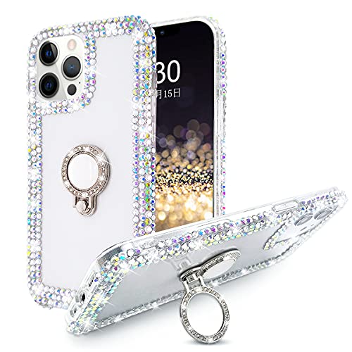 Bonitec Kompatibel mit iPhone 13 Pro Max Hülle, 3D Glitzer Sparkle Bling Case Metall Finger Ring Halterung Ständer Luxus Glänzend Kristall Strass Diamant Klar Schutzhülle Bumper Case Cover für Frauen von Bonitec