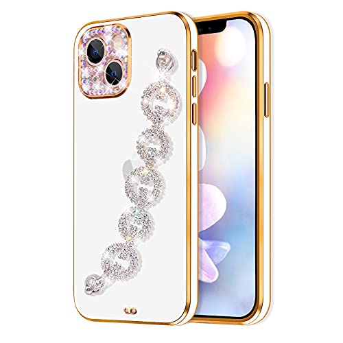 Bonitec Kompatibel mit iPhone 14 Pro Max Hülle Weiß Armband 3D Glitzer Sparkle Bling Strap Luxus Glänzend Kristall Strass Diamant Silber Kette Schutzhülle für Damen, Mädchen und Frauen von Bonitec
