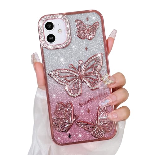 Bonoma Glitzer-Schutzhülle für iPhone 12, niedliches 3D-Schmetterlingsmuster, Glitzer-Hülle, Kameraschutz, glitzernd, schlank, weiche Rückseite, für Damen und Mädchen, Rosa Bonoma Glitzer-Schutzhülle für iPhone 12, niedliches 3D-Schmetterlingsmuster, Glitzer-Hülle, Kameraschutz, glitzernd, schlank, weiche Rückseite, für Damen und Mädchen, Rosa von Bonoma