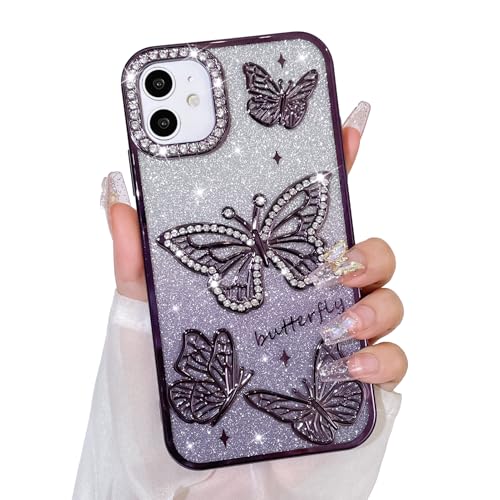 Bonoma Glitzer-Schutzhülle für iPhone 12, niedliches 3D-Schmetterlingsmuster, Glitzer-Hülle, Kameraschutz, glitzernd, schlank, weiche Rückseite, für Damen und Mädchen, Violett Bonoma Glitzer-Schutzhülle für iPhone 12, niedliches 3D-Schmetterlingsmuster, Glitzer-Hülle, Kameraschutz, glitzernd, schlank, weiche Rückseite, für Damen und Mädchen, Violett von Bonoma