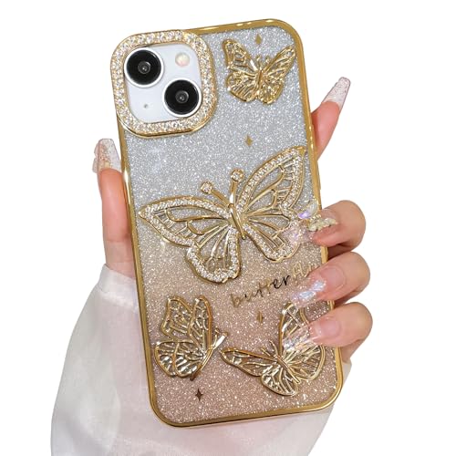 Bonoma Glitzer-Schutzhülle für iPhone 15, niedliches 3D-Schmetterlingsmuster, Glitzer-Hülle, Kameraschutz, glitzernd, schlank, weiche Rückseite, für Damen und Mädchen, Gold Bonoma Glitzer-Schutzhülle für iPhone 15, niedliches 3D-Schmetterlingsmuster, Glitzer-Hülle, Kameraschutz, glitzernd, schlank, weiche Rückseite, für Damen und Mädchen, Gold von Bonoma