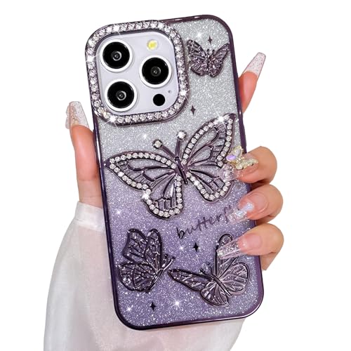 Bonoma Glitzer-Schutzhülle für iPhone 15 Pro, niedliches 3D-Schmetterlingsmuster, Glitzer-Hülle, Kameraschutz, glitzernd, schlank, weiche Rückseite, für Damen und Mädchen, Violett Bonoma Glitzer-Schutzhülle für iPhone 15 Pro, niedliches 3D-Schmetterlingsmuster, Glitzer-Hülle, Kameraschutz, glitzernd, schlank, weiche Rückseite, für Damen und Mädchen, Violett von Bonoma