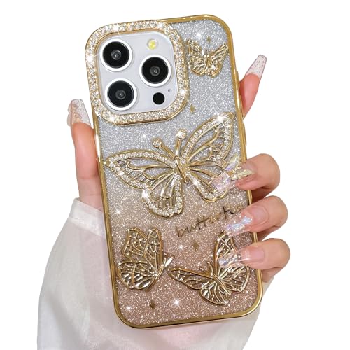 Bonoma Glitzer-Schutzhülle für iPhone 15 Pro, niedliches 3D-Schmetterlingsmuster, Glitzer-Hülle, Kameraschutz, glitzernd, schlank, weiche Rückseite für Damen und Mädchen, Gold Bonoma Glitzer-Schutzhülle für iPhone 15 Pro, niedliches 3D-Schmetterlingsmuster, Glitzer-Hülle, Kameraschutz, glitzernd, schlank, weiche Rückseite für Damen und Mädchen, Gold von Bonoma