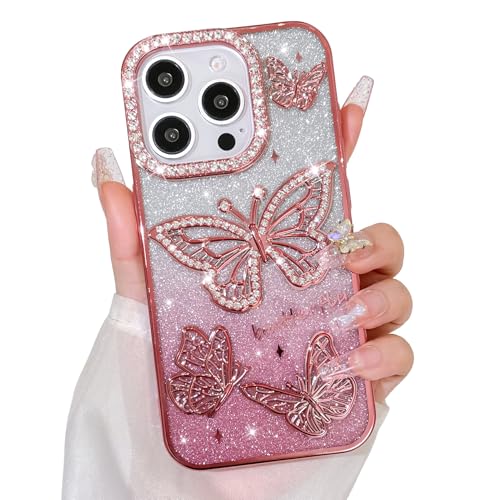 Bonoma Glitzer-Schutzhülle für iPhone 15 Pro, niedliches 3D-Schmetterlingsmuster, Glitzer-Hülle, Kameraschutz, glitzernd, schlank, weiche Rückseite für Damen und Mädchen, Rosa Bonoma Glitzer-Schutzhülle für iPhone 15 Pro, niedliches 3D-Schmetterlingsmuster, Glitzer-Hülle, Kameraschutz, glitzernd, schlank, weiche Rückseite für Damen und Mädchen, Rosa von Bonoma