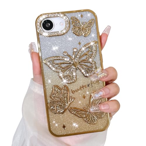 Bonoma Glitzer-Schutzhülle für iPhone 16e, niedliches 3D-Schmetterlingsmuster, Glitzer-Hülle, Kameraschutz, glitzernd, schlank, weiche Rückseite, für Damen und Mädchen, Gold Bonoma Glitzer-Schutzhülle für iPhone 16e, niedliches 3D-Schmetterlingsmuster, Glitzer-Hülle, Kameraschutz, glitzernd, schlank, weiche Rückseite, für Damen und Mädchen, Gold von Bonoma