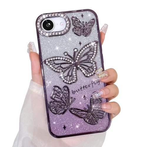 Bonoma Glitzer-Schutzhülle für iPhone 16e, niedliches 3D-Schmetterlingsmuster, Glitzer-Hülle, Kameraschutz, glitzernd, schlank, weiche Rückseite, für Damen und Mädchen, Violett Bonoma Glitzer-Schutzhülle für iPhone 16e, niedliches 3D-Schmetterlingsmuster, Glitzer-Hülle, Kameraschutz, glitzernd, schlank, weiche Rückseite, für Damen und Mädchen, Violett von Bonoma
