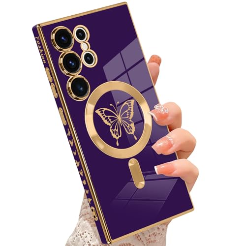 Bonoma Kompatibel mit Samsung Galaxy S24 Ultra, magnetische Hülle, luxuriöse Plating Schmetterling Design mit Kameraschutz [Kompatibel mit Magsafe] Stoßdämpfende TPU-Hülle - Lila von Bonoma