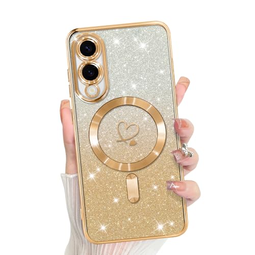 Bonoma Kompatibel mit Samsung Galaxy S25 Edge Hülle Unterstützung für MagSafe, Plating Herz Glitzer Magnetische Hülle TPU Kameraschutz Back Cover - Gold von Bonoma