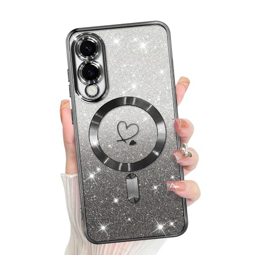 Bonoma Kompatibel mit Samsung Galaxy S25 Edge Hülle Unterstützung für MagSafe, Plating Herz Glitzer Magnetische Hülle TPU Kameraschutz Back Cover - Schwarz von Bonoma