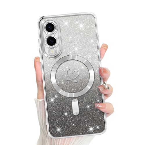 Bonoma Kompatibel mit Samsung Galaxy S25 Edge Hülle Unterstützung für MagSafe, Plating Herz Glitzer Magnetische Hülle TPU Kameraschutz Back Cover - Silber von Bonoma