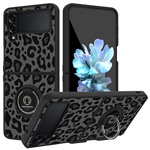 Bonoma Kompatibel mit Samsung Galaxy Z Flip 4 5G Hülle, mit Metallring, magnetischem Ständer, strapazierfähig, sturzsicher, Silikon-Bumper-Cover für Frauen und Mädchen, schwarzer Leopard von Bonoma