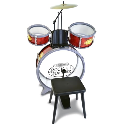 Bontempi 51 4504 Schlagzeug: Baßtrommel Ø 385 mm mit Pedal. 2 kleine Trommeln Ø 170 Becken Ø 210 mm. 2 Schlagstöcken. Echte Sounds. Inkl. Hocker. Maße: 500x500x680 mm, Mehrfarbig von Bontempi