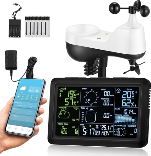 Bonvoisin Wetterstation 7-in-1 mit Solarbetriebenem Funk-Außensensor, WIFI-Farbdisplay, kommt mit 2 Batteriesätzen und Ladegerät als Backup, einfache Installation (EU) von Bonvoisin