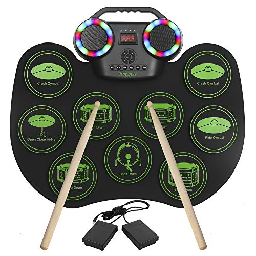 E-Drum Kit, Bonvvie tragbare wiederaufladbare digitale Rollentrommel von mit 9 Pads, MIDI, DTC, eingebauten Lautsprechern, ideal für Kinder, Studenten, Anfänger, Enthusiasten (G6001) von Bonvvie