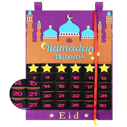 Ramadan Calendar, Eid Mubarak Countdown Kalender, 2024 Ramadan Kalender Dekorationen, Wandkalender 30 Tage Kalender mit Taschen, Ramadan Mubarak Adventskalender für Kinder Eid Mubarak Party von Booaee