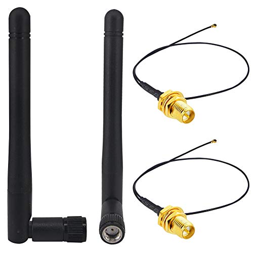 BOOBRIE 2 x 2,4 GHz 2 Dbi RP SMA Stecker Antenne des omnidirektionalen WLAN-Signals im B/G/N-Band + WLAN-Kabel 2 x 25 cm IPX IPEX MHF4 M.2 NGFF U.FL auf RP SMA-Buchse (Pin) Aufgerolltes WLAN-Kabel von Boobrie