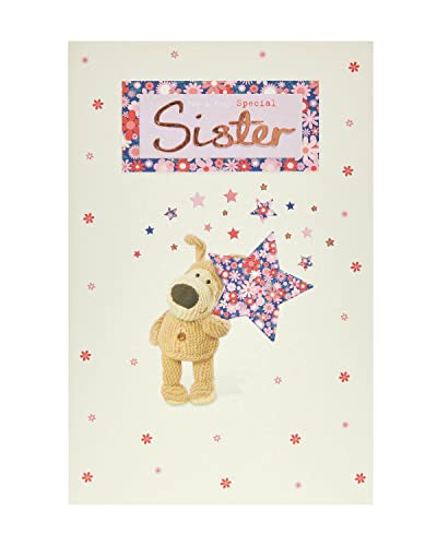 Boofle Geburtstagskarte für Schwester mit Umschlag – schönes Design mit Boofle hält einen großen Stern von Boofle