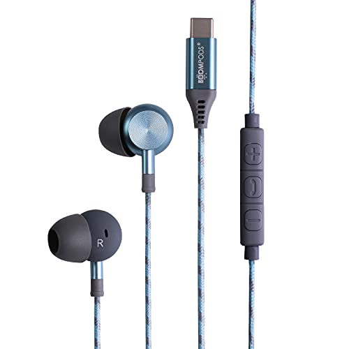 Boompods Digibuds USB C Kopfhörer - In Ear Kopfhörer mit Kabel USB C Anschluss, IPX4 schweißfeste USB-C Ear Buds Ohrhörer mit Kabel & Mikrofon, geflochtenes langlebiges Boomflex Kabel, Eisblau von Boompods