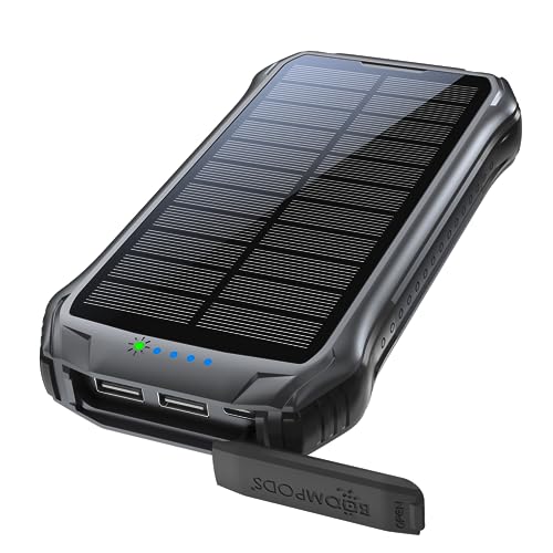 Boompods Neutron 10000mAh Power Bank Solar, tragbares Ladegerät, Solar Powerbank mit Schnellladefunktion, IPX 4 wasserdicht, Camping-Taschenlampe, Outdoor Akkupack mit 2xUSB für Handy/Tablets, Schwarz von Boompods