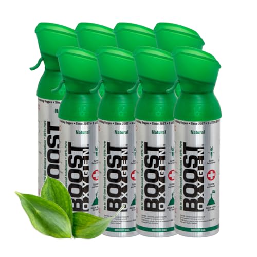 Boost Oxygen Sauerstofflasche für Unterwegs mit 95% Sauerstoff - 40L, 8x5L Sauerstoffdose mit Sauerstoffmaske für mehr als 800 Inhalationen - mobiler Sauerstoff Inhalator (Natürlicher Geschmack) von Boost Oxygen
