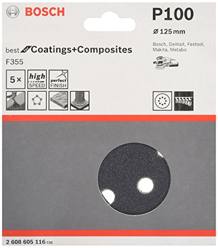 Bosch Accessories Bosch Professional Schleifblatt für Exzenterschleifer Lack und Kunststoff (5 Stück, Ø 125 mm, Körnung 100, F355) von Bosch Professional