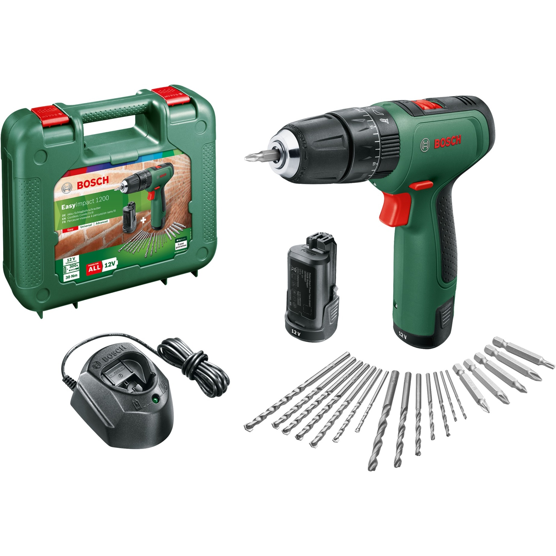 Akku-Schlagbohrschrauber EasyImpact 1200 + Bit- und Bohrer-Set von Bosch