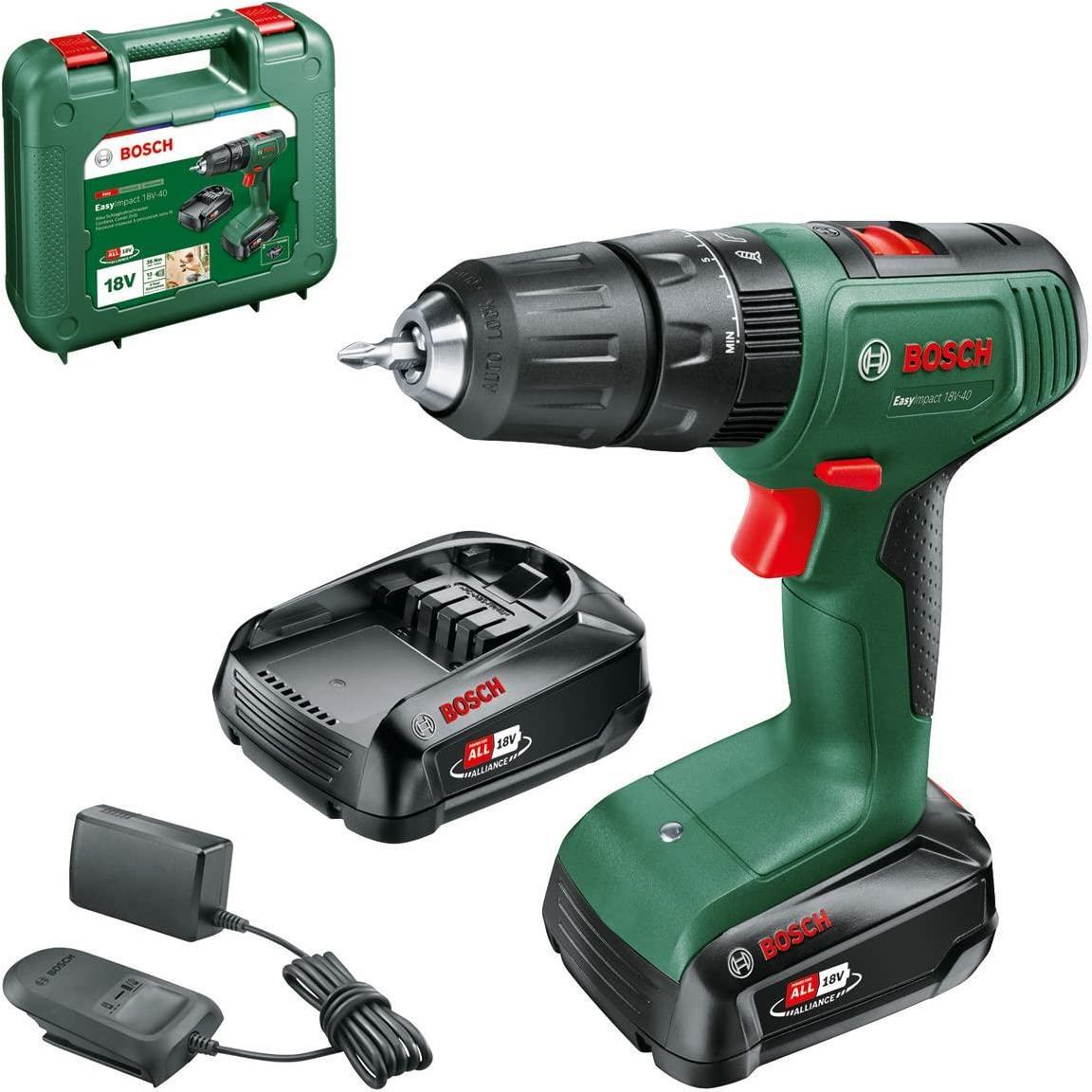 Bosch EasyImpact 18V-40 - Bohrhammer/Treiber - schnurlos - 2 Geschwindigkeiten - Bohrfutterschlüssel 13 mm - 32 N·m - 2 Akkus, Ladegerät enthalten - 18 V von Bosch