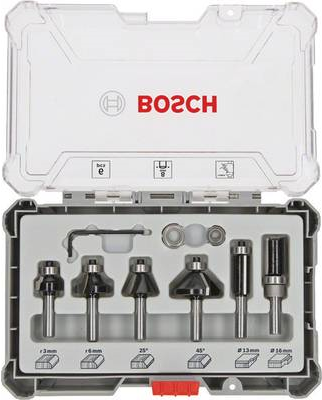 Bosch - Fräs-Bitsatz - für Sperrholz, Weichholz, Hartholz, mitteldichte Holzfaserplatte (MDF), Spanplatte - Chamfer, Round over, Flush Trim, Straight - 6 Stücke - 25 mm, 13 mm, 16 mm, 35 mm, 19 mm - Länge: 56 mm, 51 mm, 54 mm, 65 mm, 55 mm - Breite: 3 mm (2607017469) von Bosch