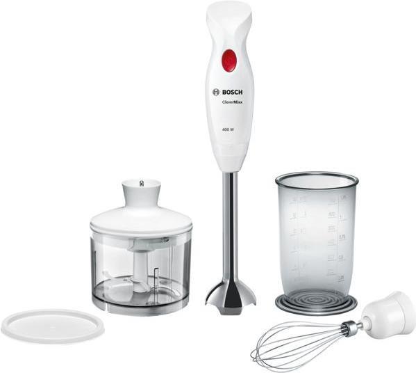 Bosch MSM24500. Typ: Pürierstab, Produktfarbe: Rot, Weiß, Kontrolltyp: Knöpfe. Material Messer: Edelstahl. Leistung: 400 W. Material: Kunststoff, Edelstahl (MSM24500) von Bosch