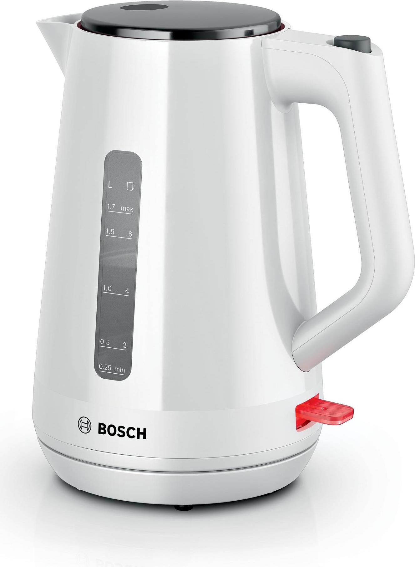 Bosch TWK1M121. Fassungsvermögen Wassertank: 1,7 l. Leistung: 2400 W. Produktfarbe: Weiß, Gehäusematerial: Kunststoff, Wasserstandsanzeige, Überhitzungsschutz, Filterung (TWK1M121) von Bosch