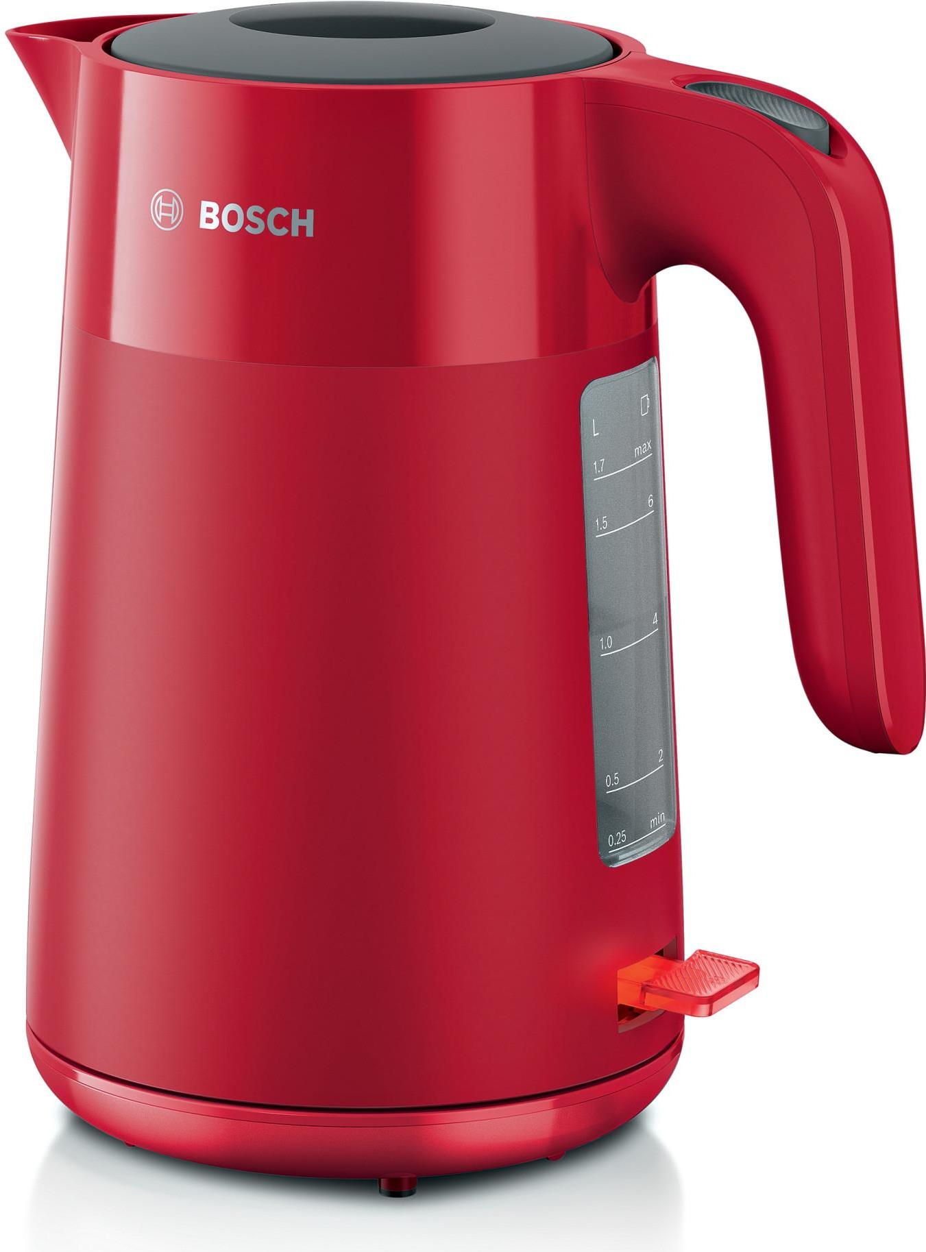Bosch TWK2M164. Fassungsvermögen Wassertank: 1,7 l. Leistung: 2400 W. Produktfarbe: Schwarz, Grau, Rot, Gehäusematerial: Kunststoff, Wasserstandsanzeige, Überhitzungsschutz, Filterung (TWK2M164) von Bosch