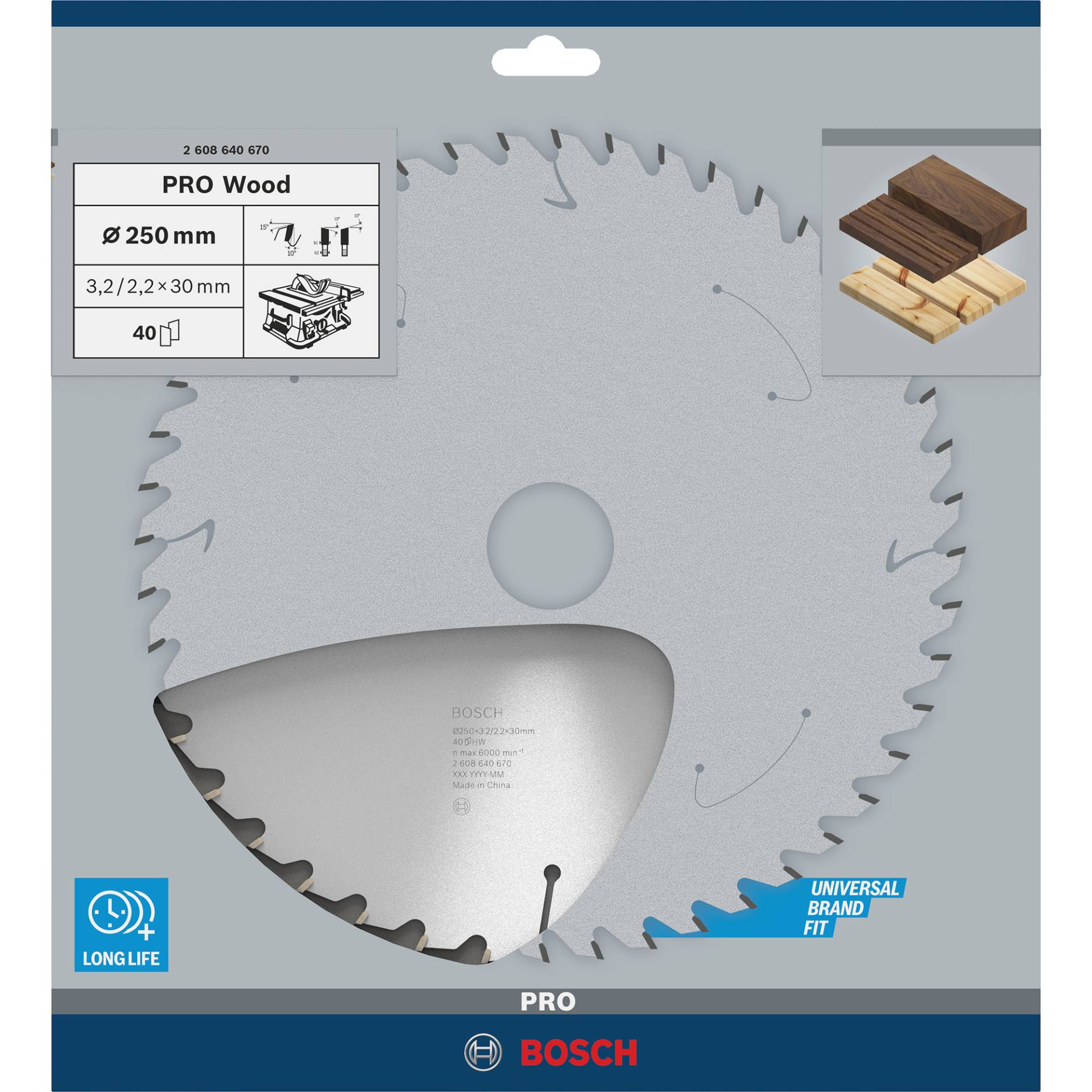 PRO Wood Kreissägeblatt, Ø 250mm, 40Z PRO Wood Kreissägeblatt, Ø 250mm, 40Z von Bosch