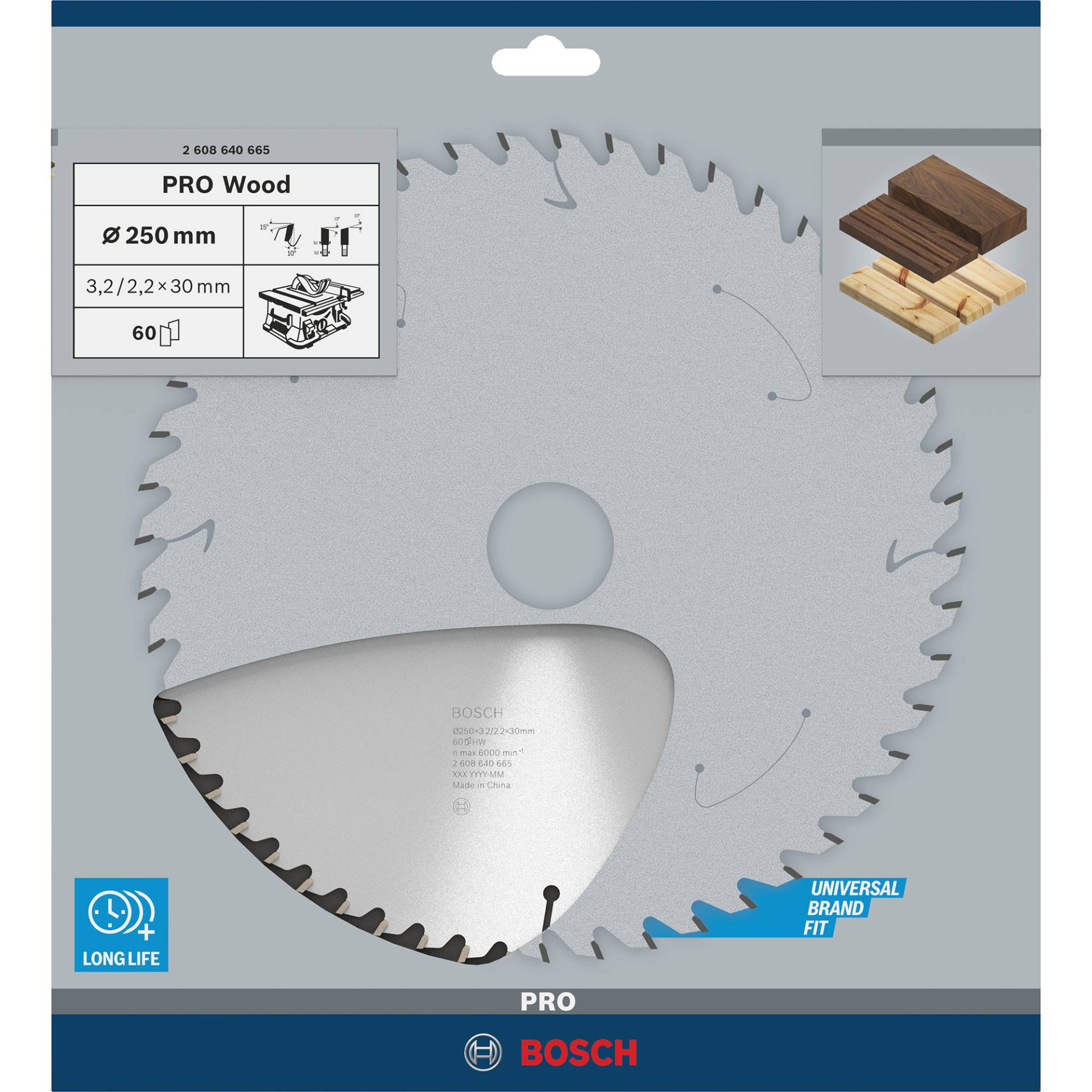 PRO Wood Kreissägeblatt, Ø 250mm, 60Z PRO Wood Kreissägeblatt, Ø 250mm, 60Z von Bosch