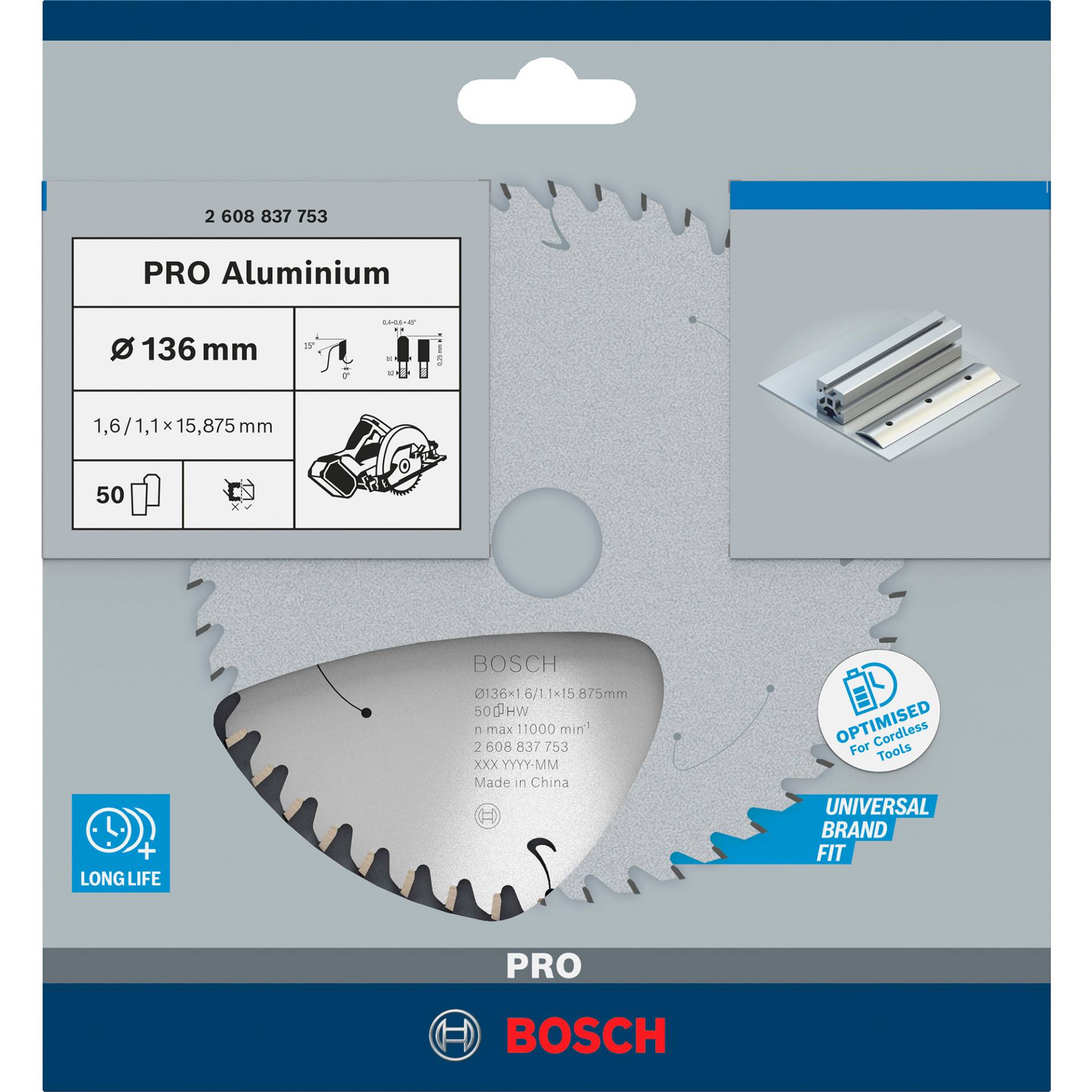 PRO Aluminium cordless Kreissägeblatt, Ø 136mm, 50Z PRO Aluminium cordless Kreissägeblatt, Ø 136mm, 50Z von Bosch