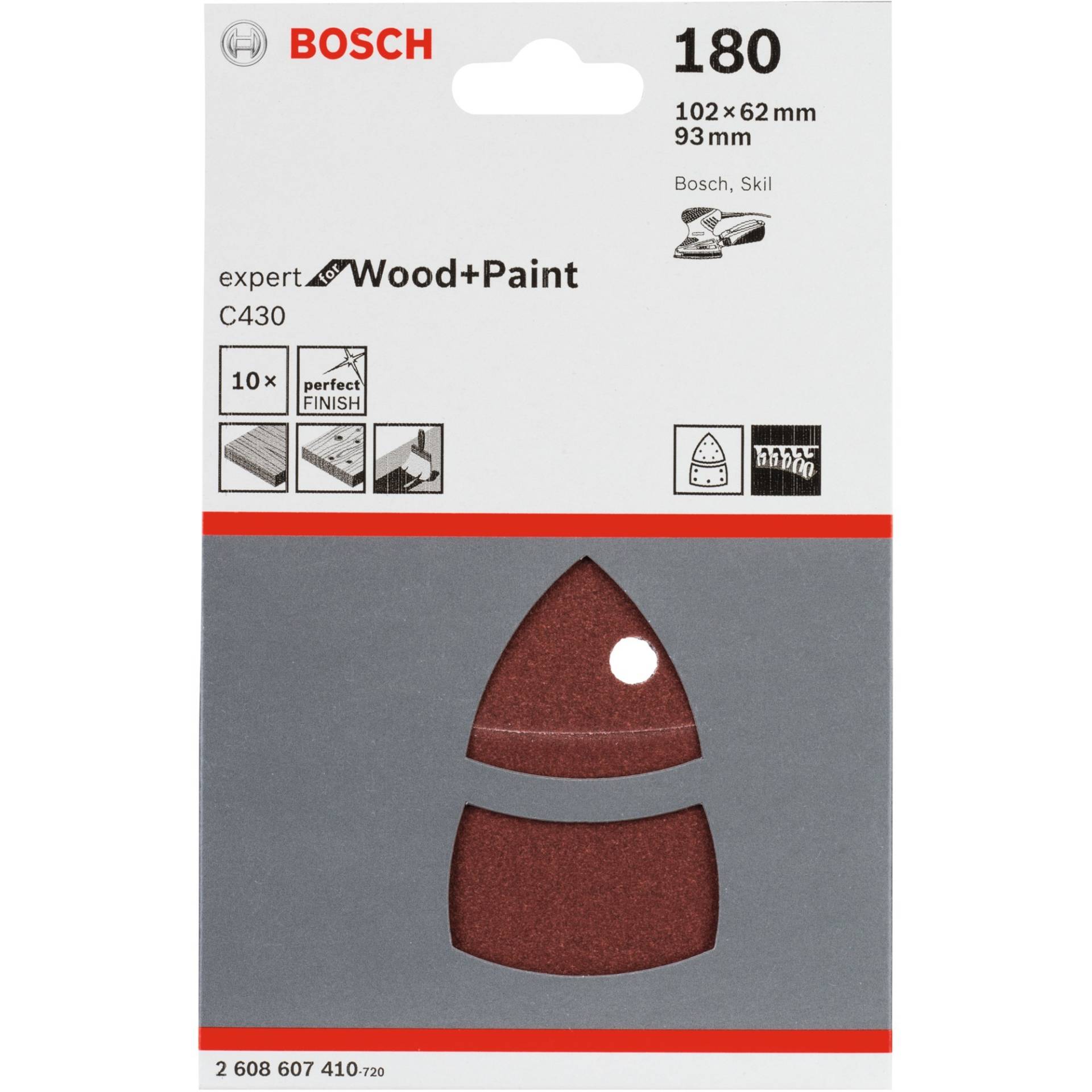 Schleifblatt C430 Expert for Wood and Paint, 102 x 62 / 93mm, K180 von Bosch